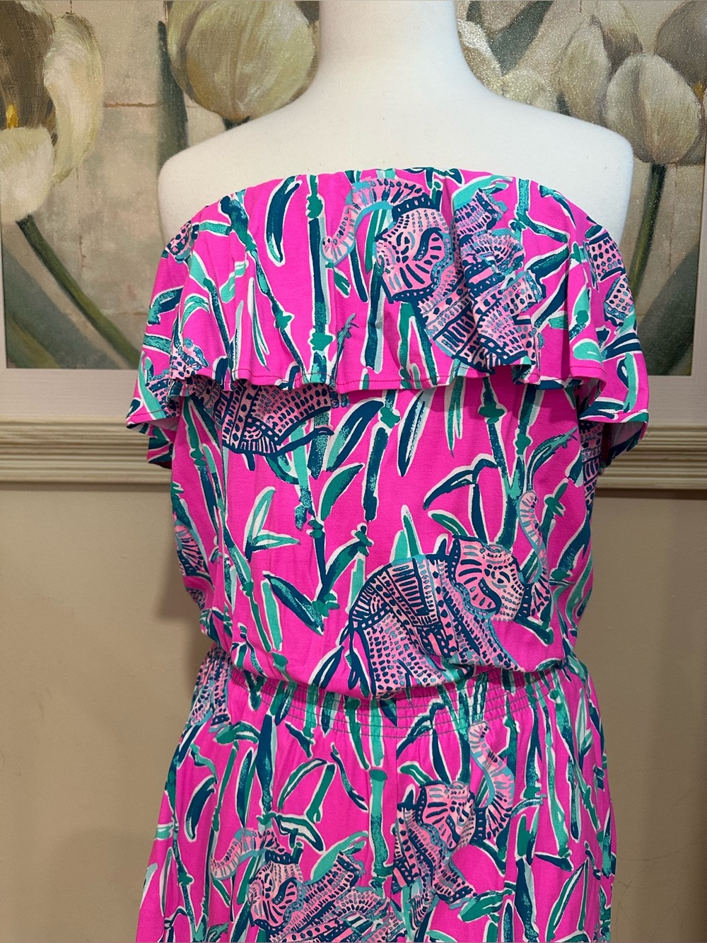 Lilly Pulitzer Pink Off Shoulder Ruffle Romper Bubblegum Pink Elephant Print  M - Picture 2 of 9